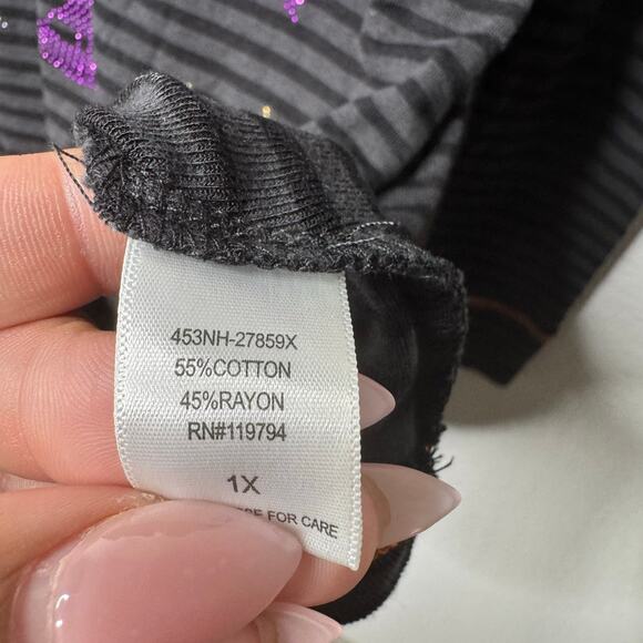 One World Halloween Top Shirt 1X Black Striped Rhinestone‎ Cats Bats Pumpkins - Picture 3 of 7